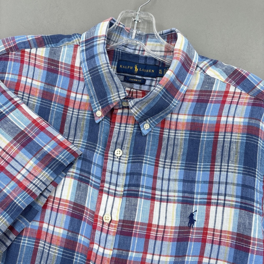 Ralph Lauren Shirt Mens XL Blue Madras Plaid Button Up Short Sleeve Linen Custom